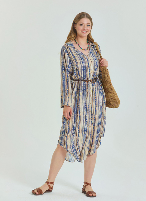 Patterned Shirt Collar Belt Detailed Beige Long Sleeve Plus Size Dress 4611